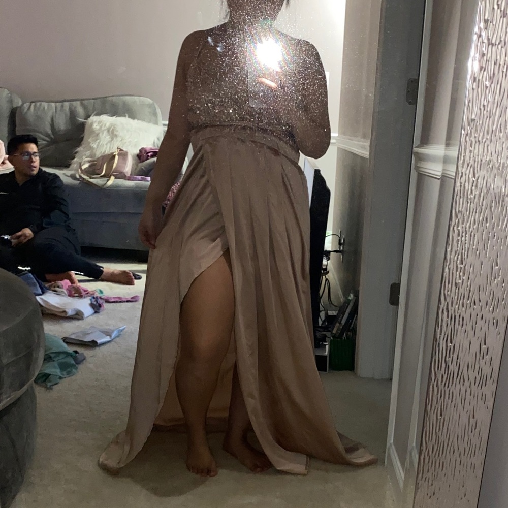 High slit rose gold maxi dress